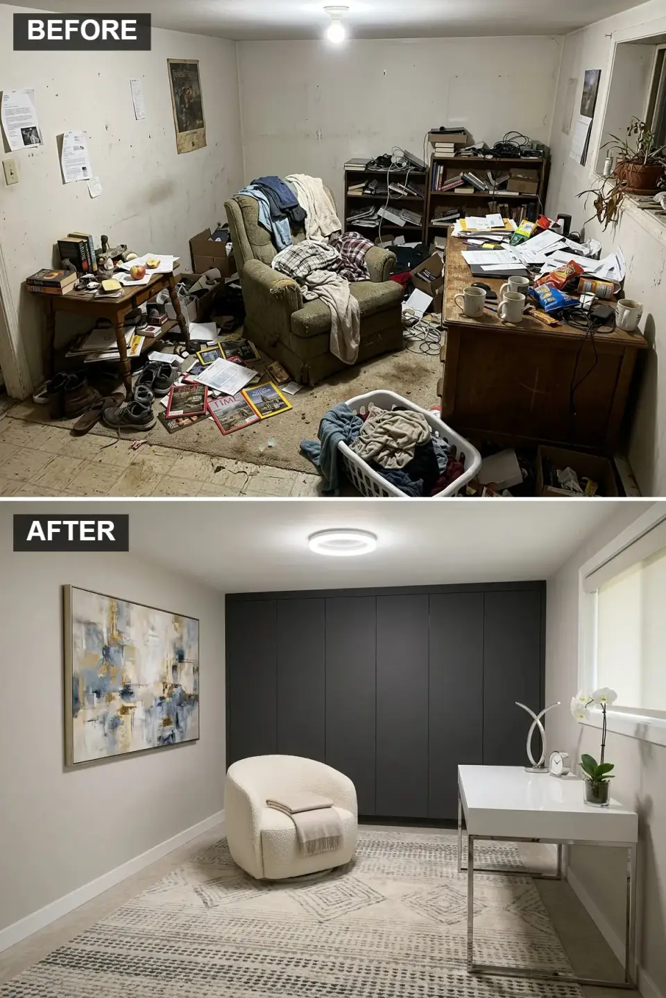 Modern luxe home office with Benjamin Moore Stonington Gray HC-170 walls, charcoal grey floor-to-ceiling Semihandmade wardrobe storage, white boucle Cult Furniture swivel chair, lacquered Williams Sonoma Home desk, and abstract Loloi geometric rug