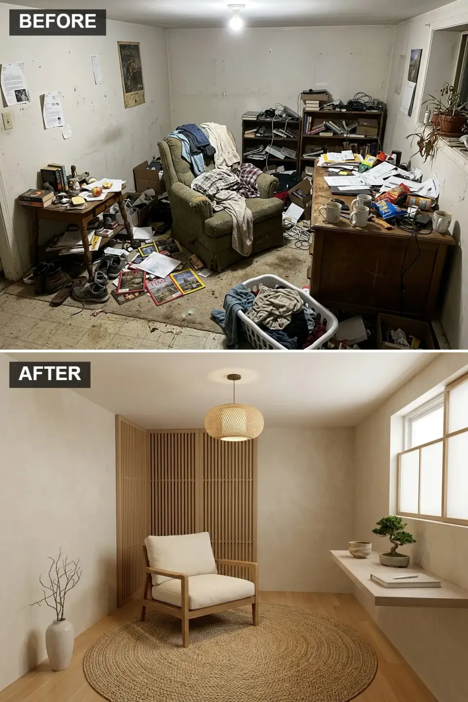 Japandi home office with American Clay Loma earth plaster walls, white oak slat screen wall, EQ3 Stevens minimalist white oak armchair with cream linen cushions, Article Madera floating desk, woven bamboo Mai pendant, and natural round jute rug