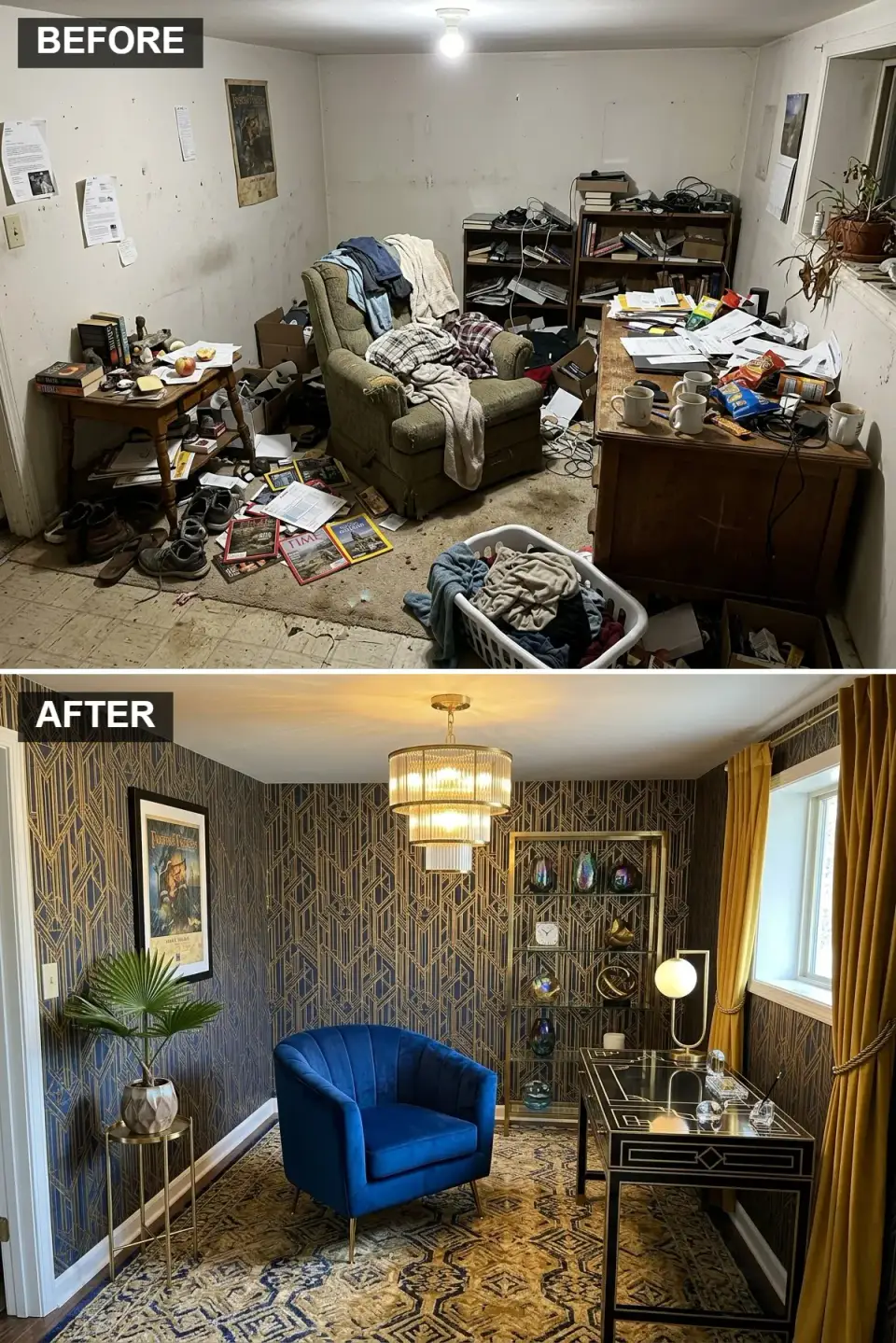 Charleston home office with Cole and Son Geometric II Hicks wallpaper in navy and gold, blue velvet armchair from Anthropologie Aldrin, brass-accented Jonathan Adler desk, tiered glass chandelier, and patterned Persian-style rug