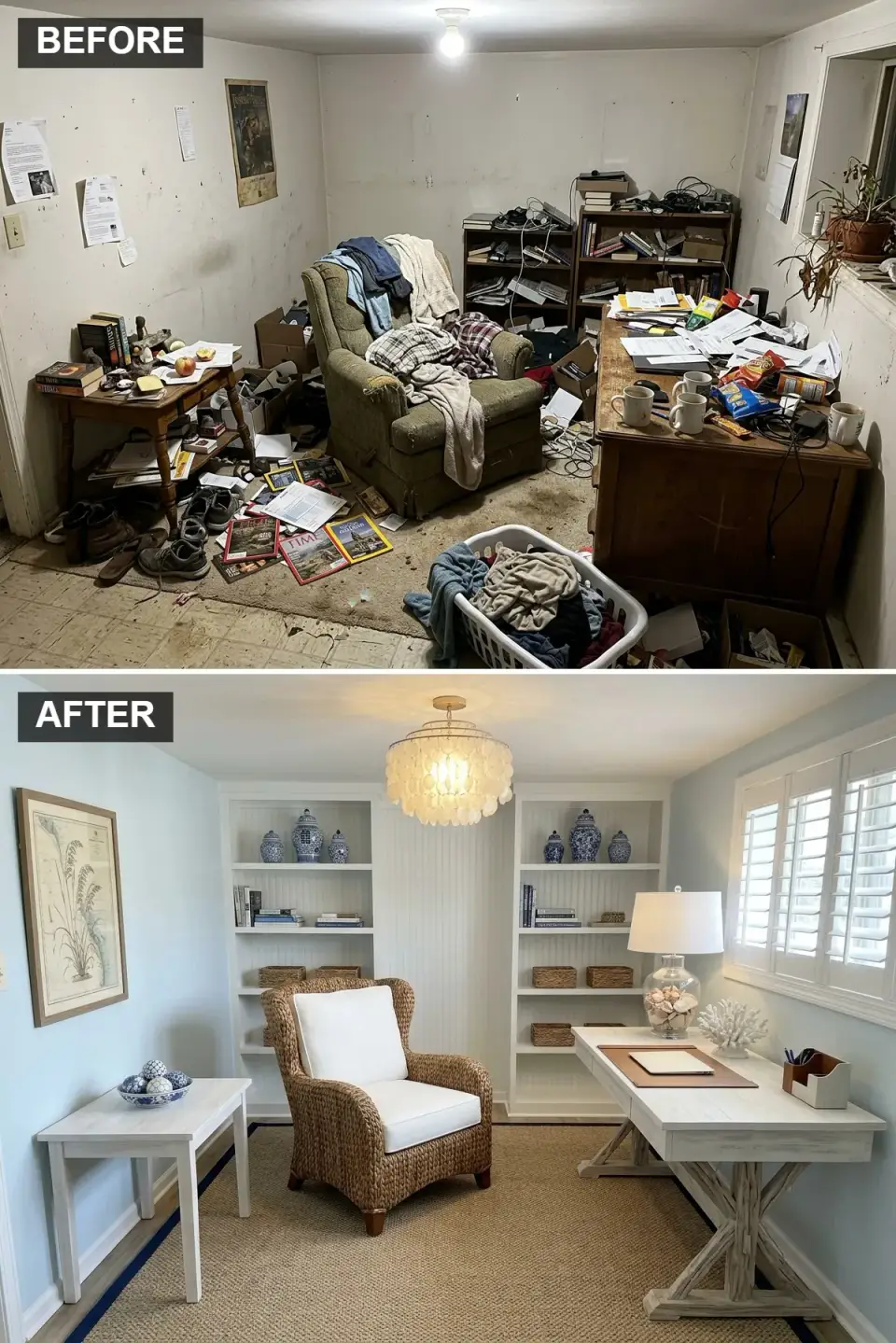 Charleston coastal home office with Sherwin Williams Sleepy Blue SW 6225 walls, white wainscoting, Serena and Lily Avalon wicker chair, whitewashed pine desk, capiz shell pendant, plantation shutters, and blue and white Mottahedeh ginger jars