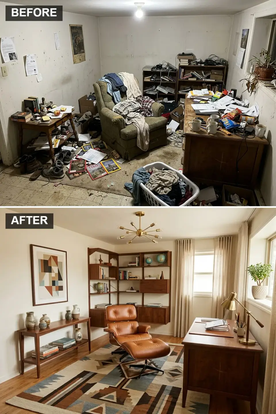 Mid-century modern home office with Eames Lounge Chair and Ottoman from Herman Miller, walnut Vitsoe 606 shelving system, Joybird Hopson walnut desk, Jonathan Adler Ventana sputnik chandelier, and geometric Loloi II rug