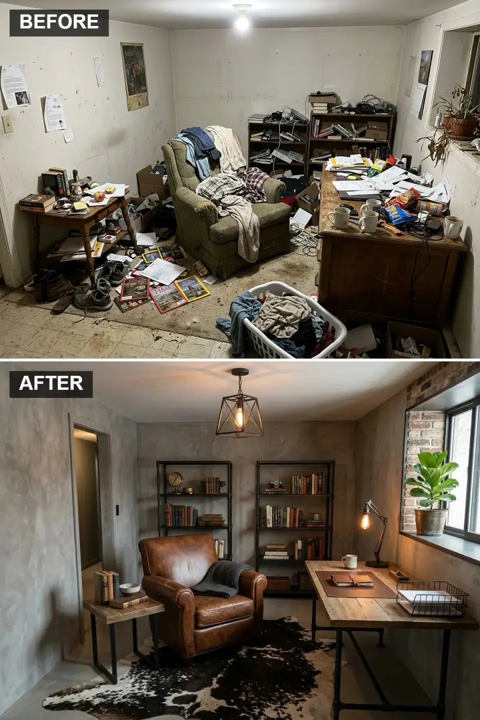 Industrial loft home office with Armourcoat polished concrete plaster walls, Stickley Mission reclaimed oak and steel pipe shelving, Restoration Hardware Maxwell distressed brown leather chair, Schoolhouse Electric Factory pendant, and authentic black-and-white cowhide rug