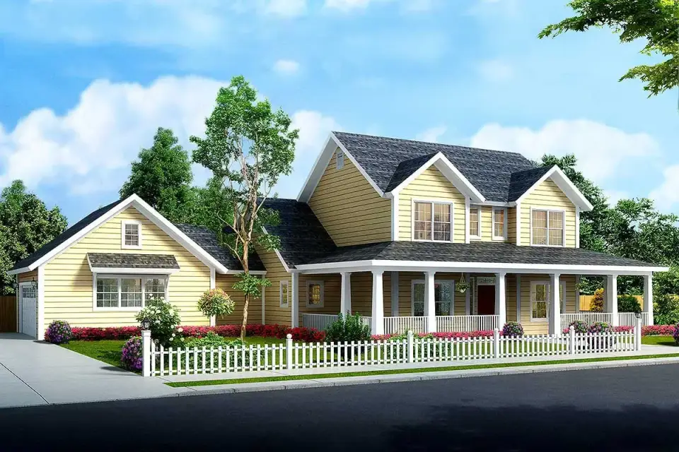 Side elevation showing how the wrap-around porch continues along one side of the home