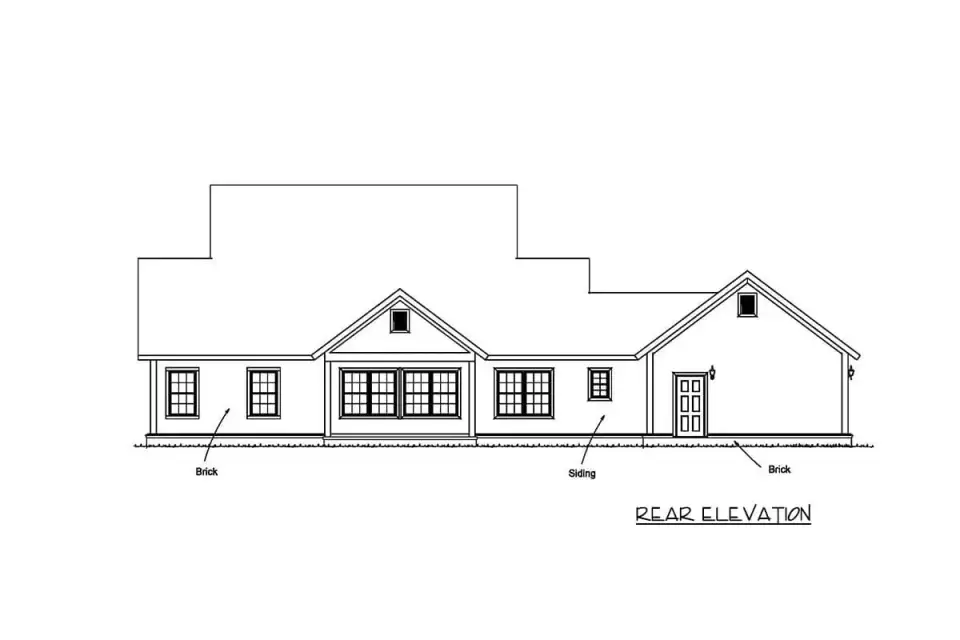 Rear elevation with covered rear porch accessed from the dining room and primary bedroom
