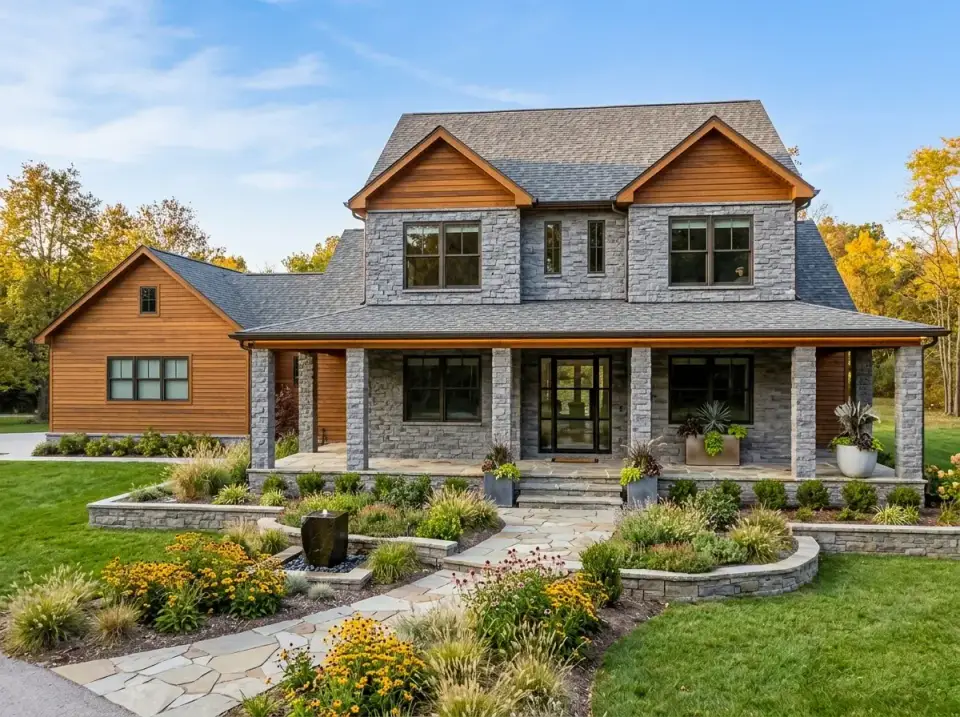 Country farmhouse with grey stacked stone veneer base, cedar shake gables, and lush flagstone garden