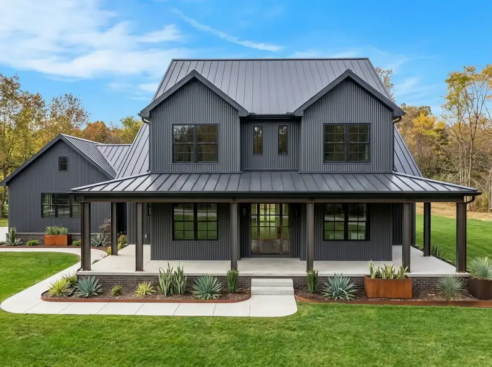 Dark board-and-batten farmhouse with standing-seam metal roof, steel porch posts, and gravel landscaping