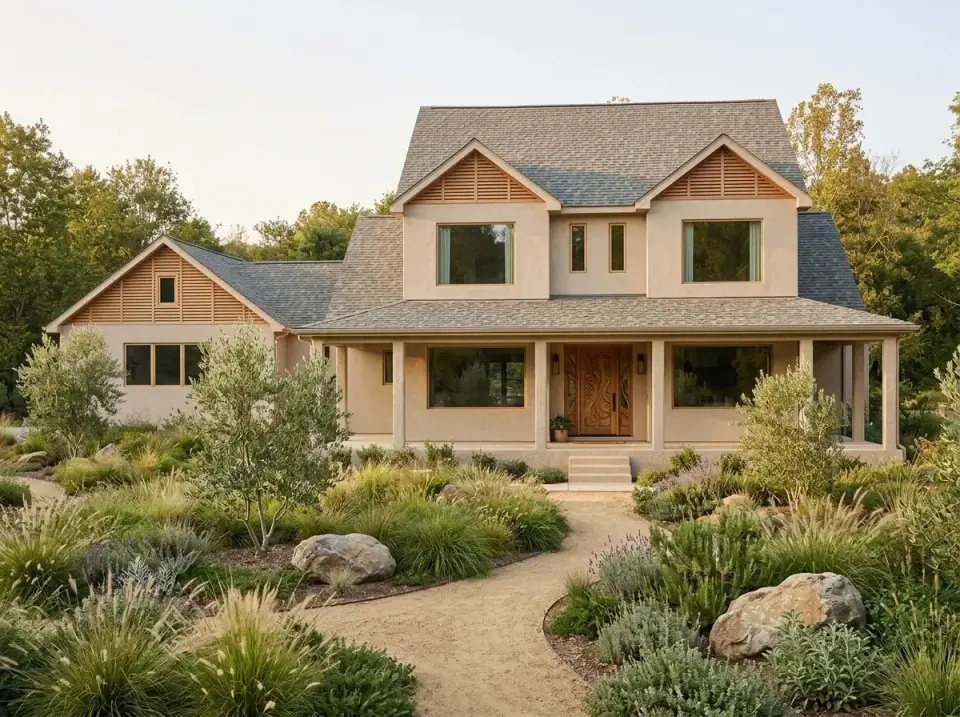 Light beige stucco country farmhouse with clay tile roof, louvered gable vents, and olive-tree landscaping