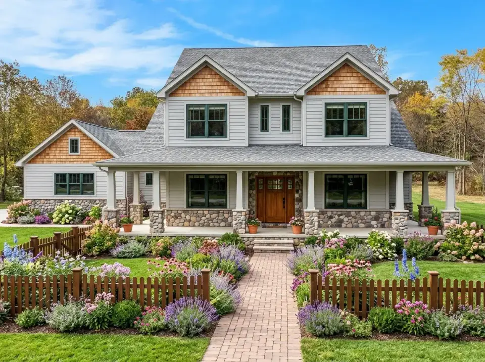 Cottage farmhouse with light grey horizontal siding, cedar shake gables, river stone base, and colorful cottage garden