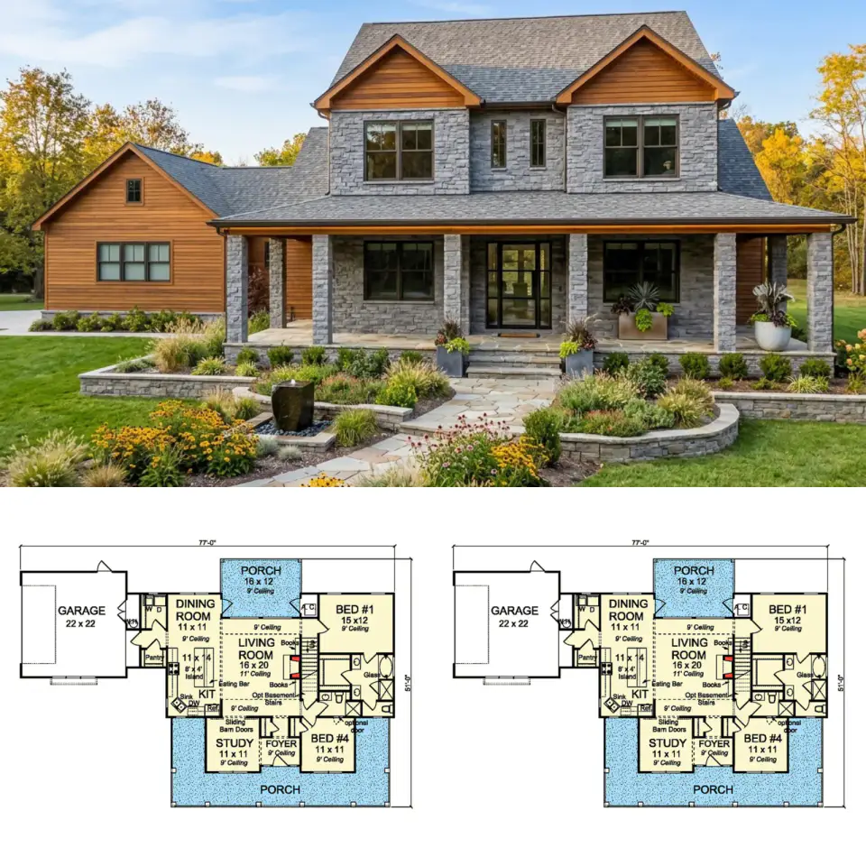 1938 Sq Ft Country Farmhouse Plan with 4 Beds & Wrap Porch