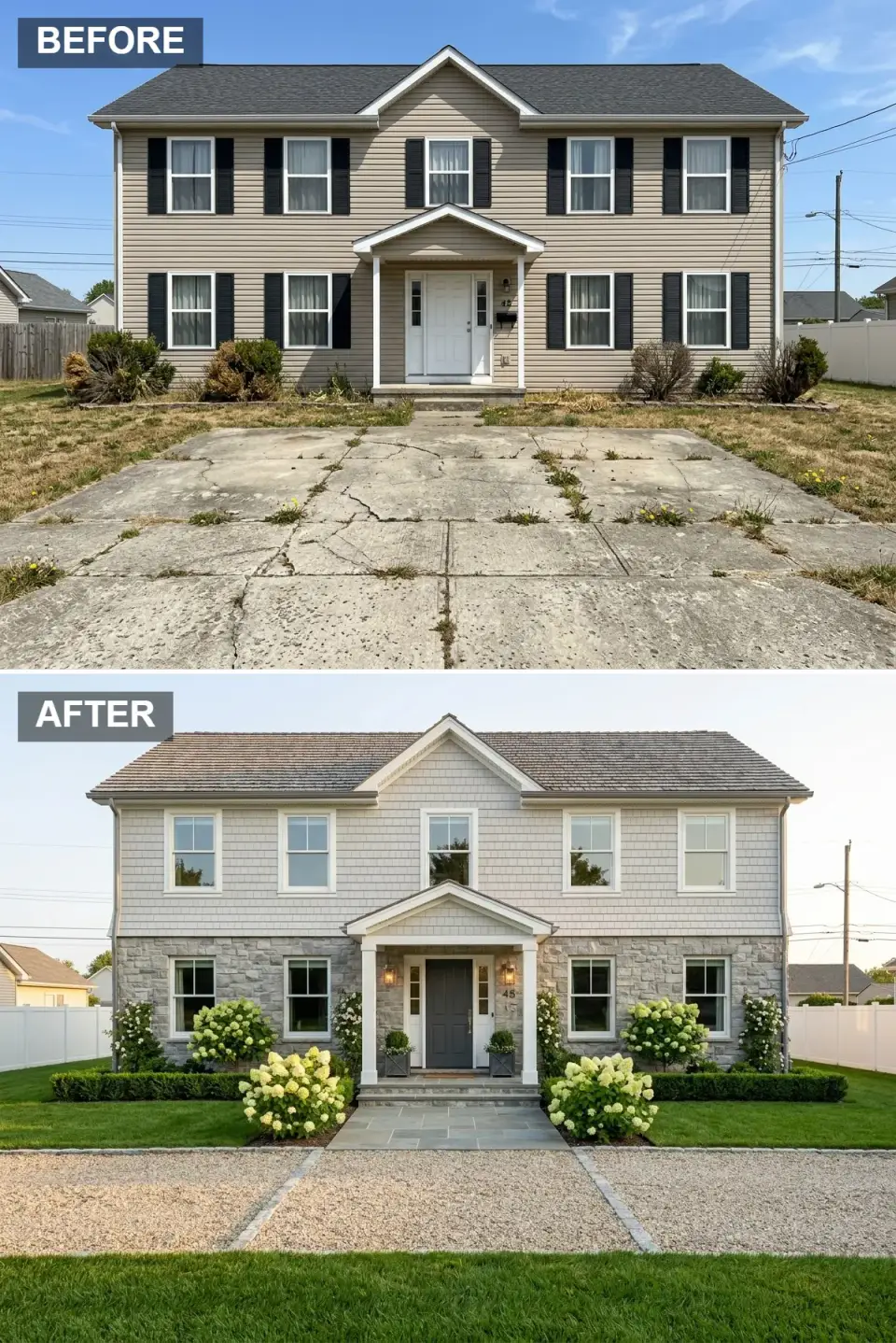 Coastal Lowcountry style facade with weathered gray cedar shingles fieldstone cladding white columns hydrangeas and bluestone gravel driveway