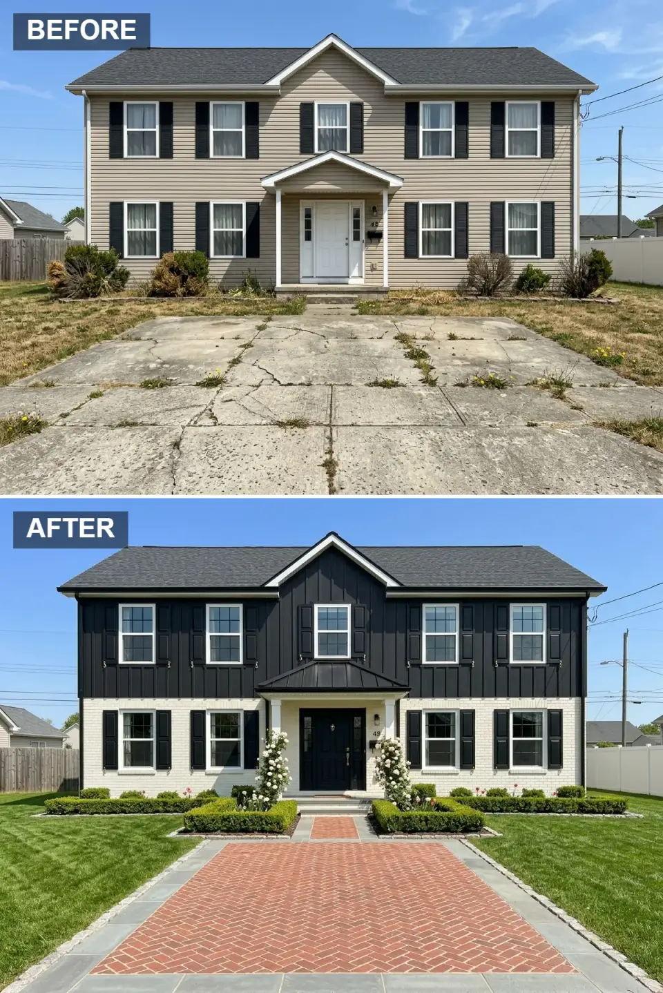 High contrast traditional facade with jet black board and batten upper painted white brick lower black shutters herringbone red brick driveway and bluestone border