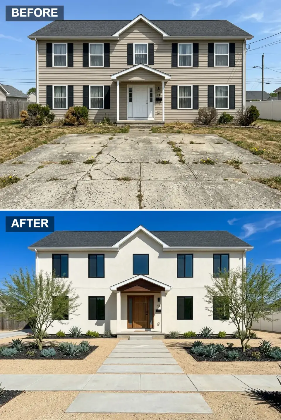 Desert modern facade with warm white stucco dark bronze windows walnut entry door mahogany canopy decomposed granite agave and Palo Verde trees