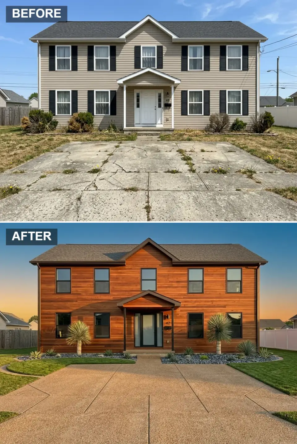 Desert modern facade with horizontal warm cedar siding dark bronze aluminum windows yucca trees agave and saw cut concrete driveway