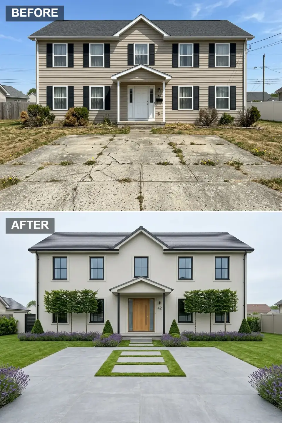 European minimalist facade with warm cream stucco black framed low profile windows natural oak door pleached linden trees and concrete grass pavers