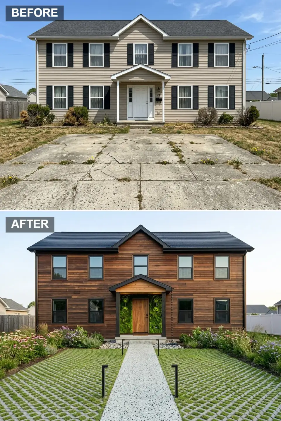 Eco modern facade with dark walnut horizontal siding black metal roof living moss wall teak entry door permeable grass paver driveway and wildflower beds