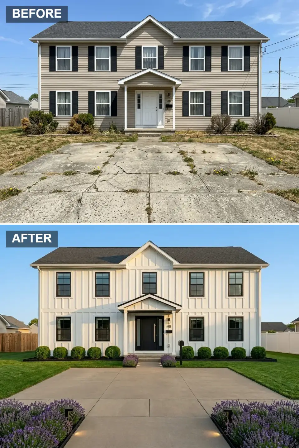 Bright white modern farmhouse facade with board and batten siding black windows matte black door spherical boxwoods lavender drifts and clean concrete driveway