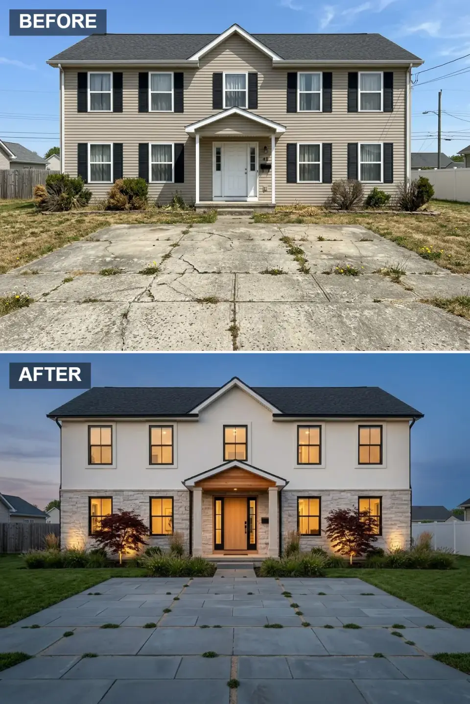 Transitional stone facade at twilight with warm white siding cream ledgestone oak entry door uplit Japanese maples and bluestone slab driveway with grass joints