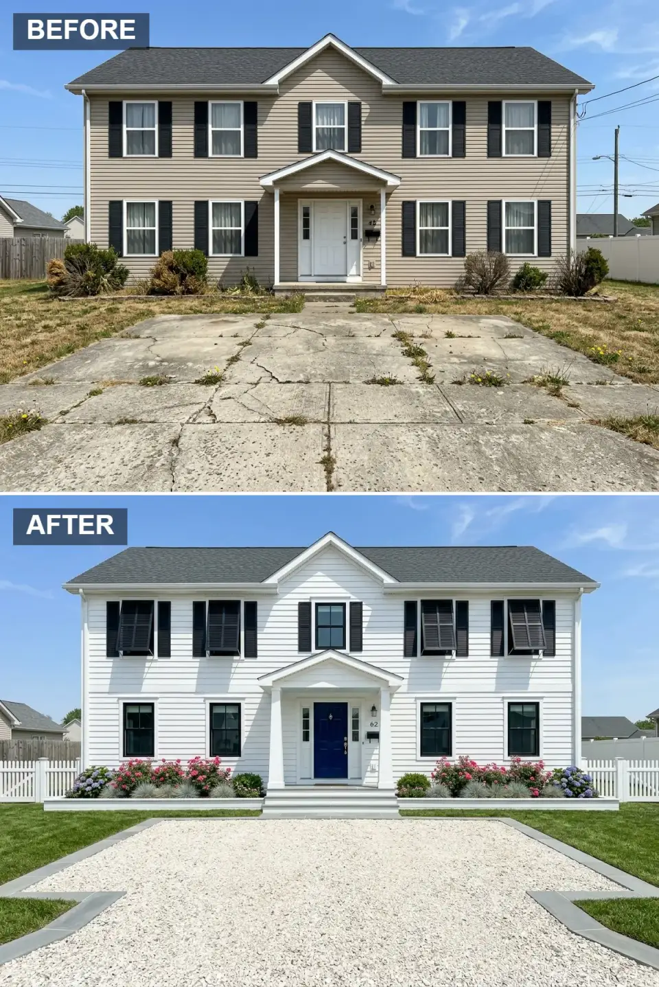Coastal colonial facade with crisp white clapboard navy front door black louvered shutters white picket fence pink and blue hydrangeas and pea gravel driveway