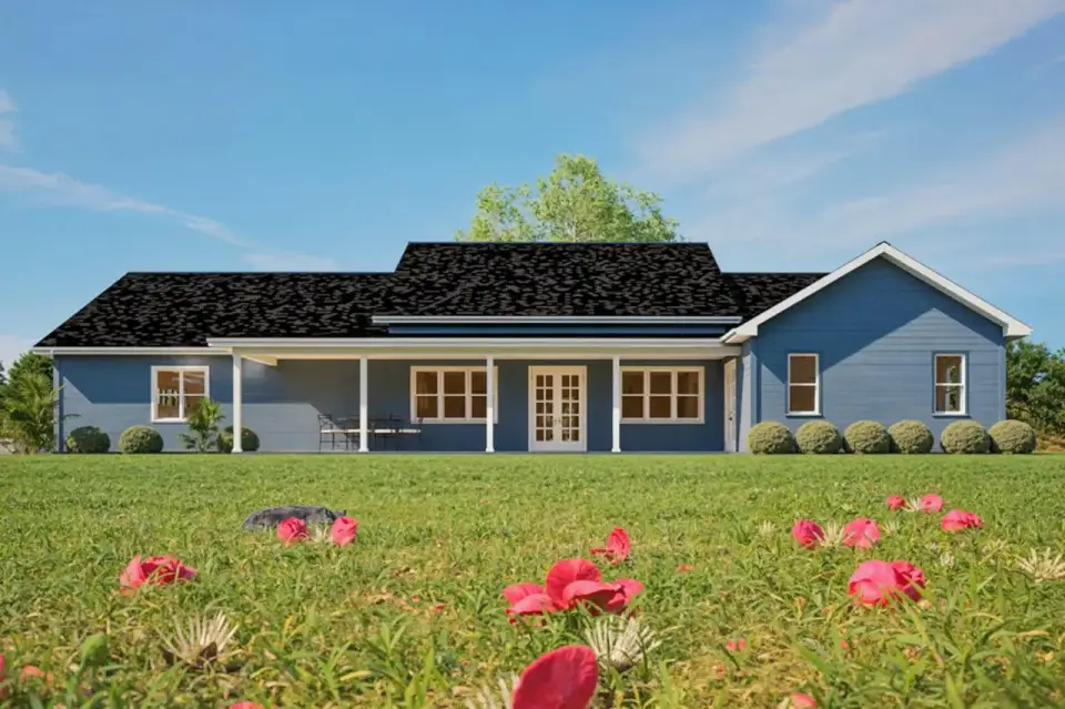 Barndominium house plan front elevation with stone veneer and stucco infill