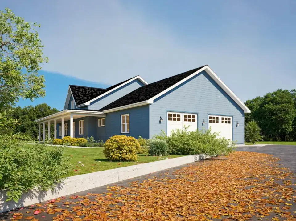Barndominium house plan side elevation with gable rooflines and broad overhangs