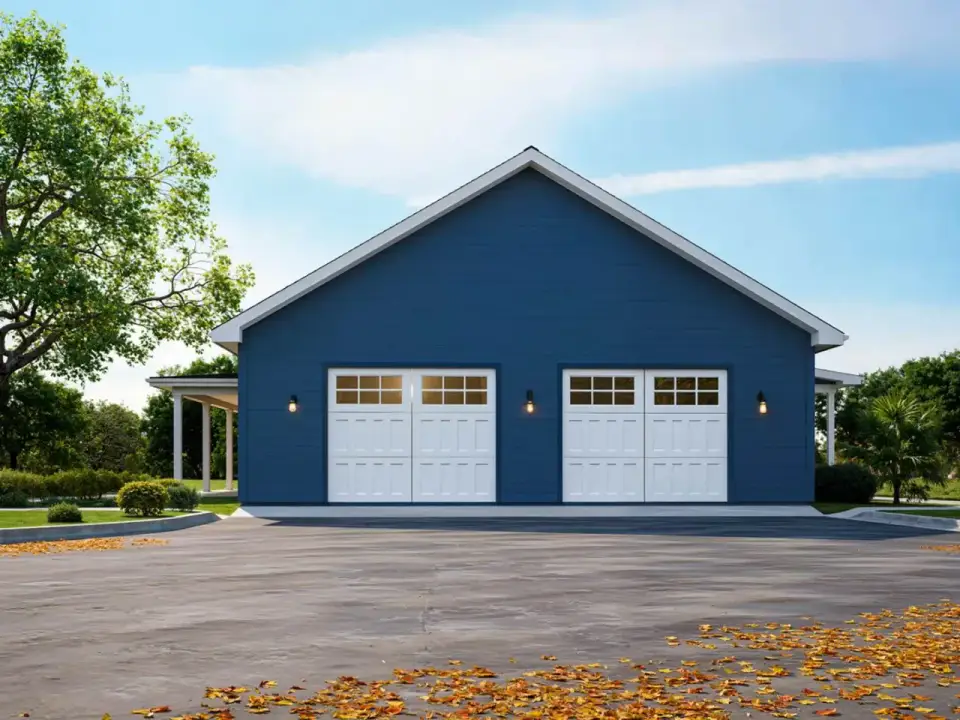 Barndominium house plan alternate exterior with painted siding and metal roof
