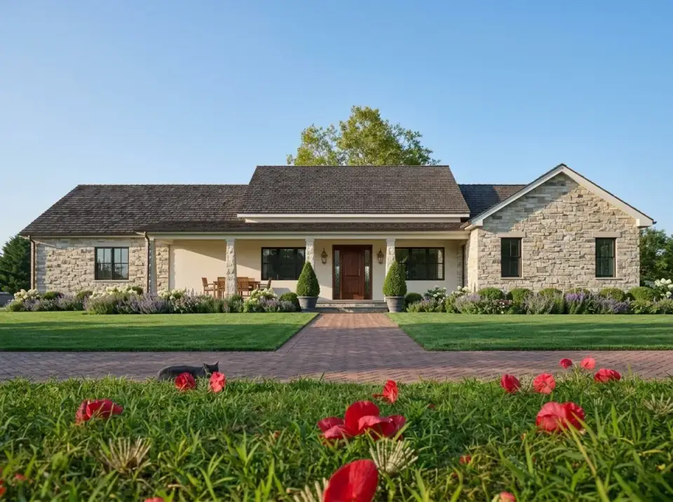 Traditional Stone Barndominium facade with symmetrical columns and brick walkway