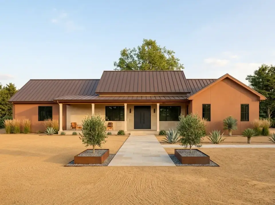 Desert Modern Adobe facade with earth tone stucco and agave plantings
