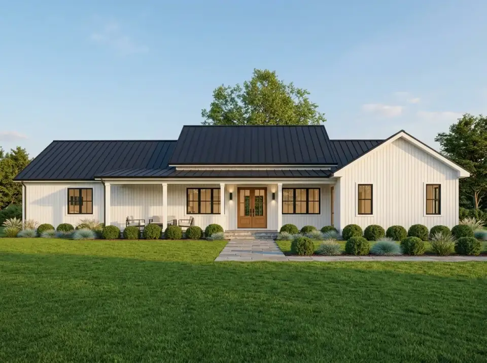 Modern Farmhouse facade with white vertical siding and black metal roof