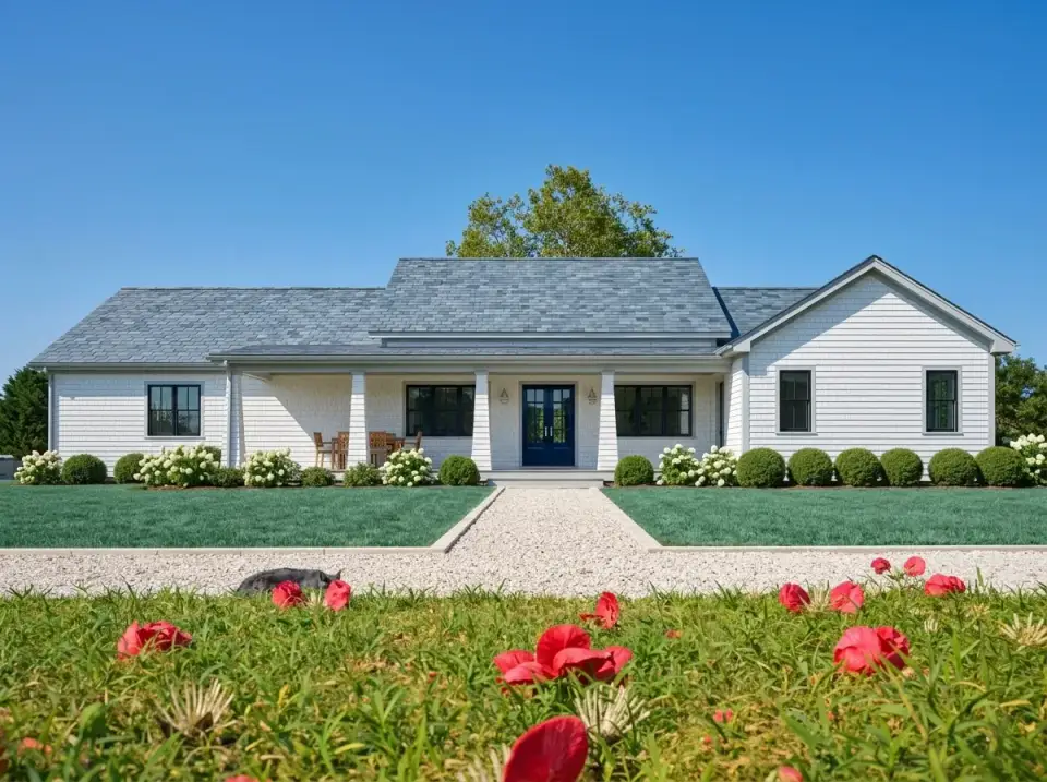 Coastal Shingle Traditional facade with light siding and navy door
