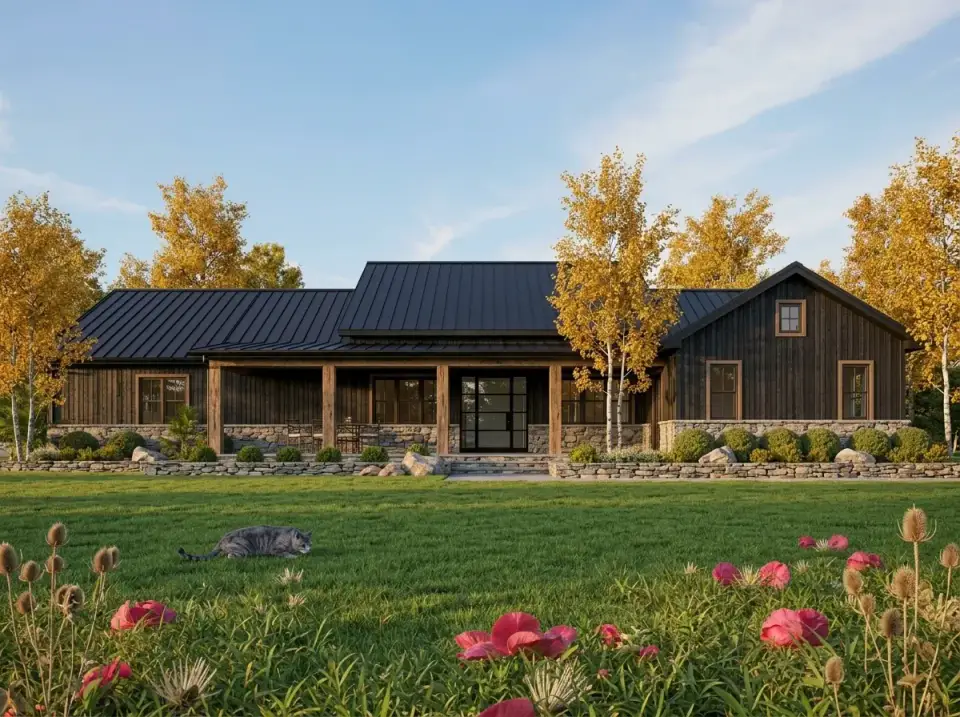 Mountain Rustic facade with dark stained siding and stone wainscoting