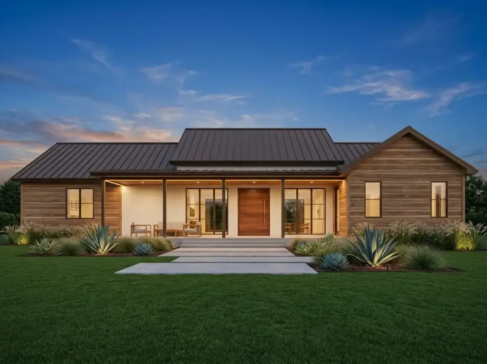 Contemporary Natural Wood facade with light wood cladding and large windows