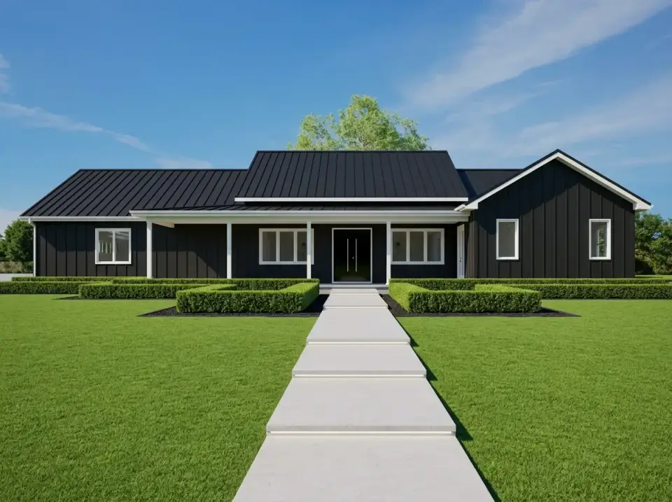 High Contrast Minimalist facade with matte black board and batten and white trim