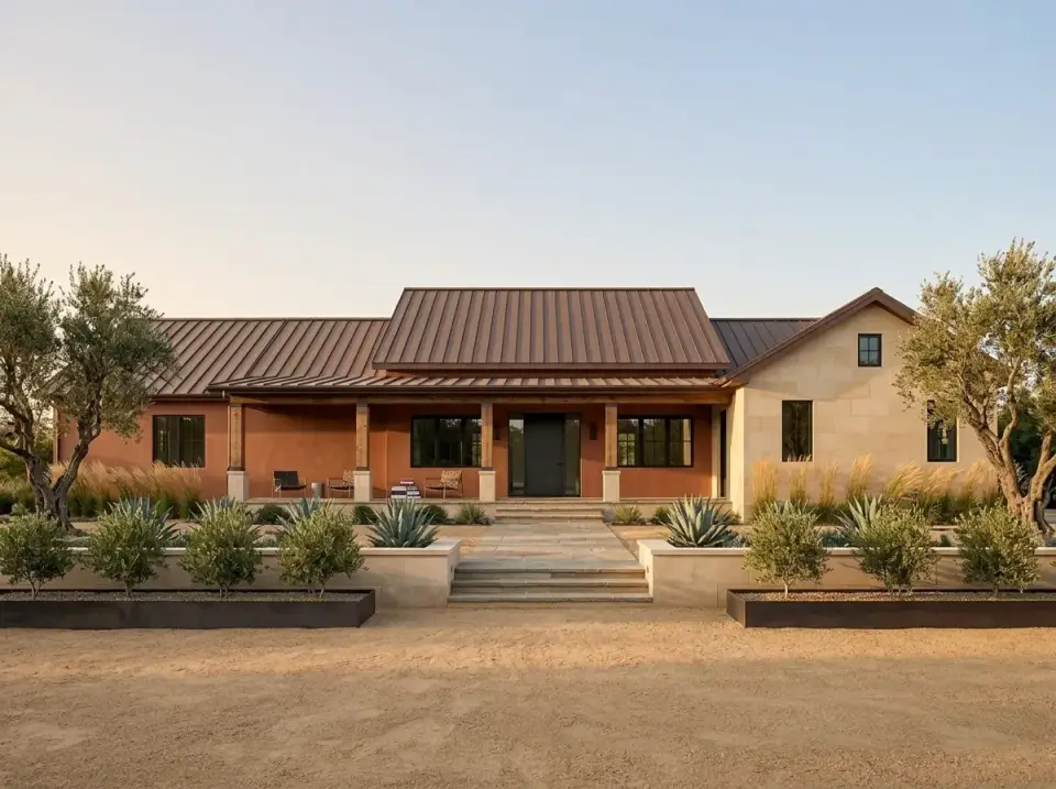 Mediterranean Villa facade with terracotta stucco and limestone accents
