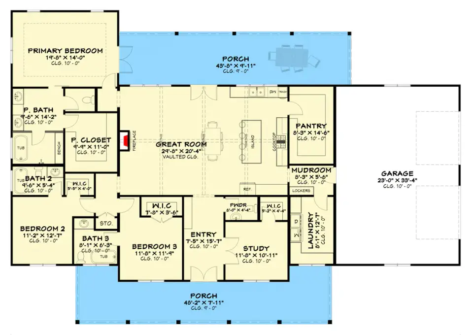 Three bedroom barndominium house plan 2385 sq ft main level floor plan with split bedrooms