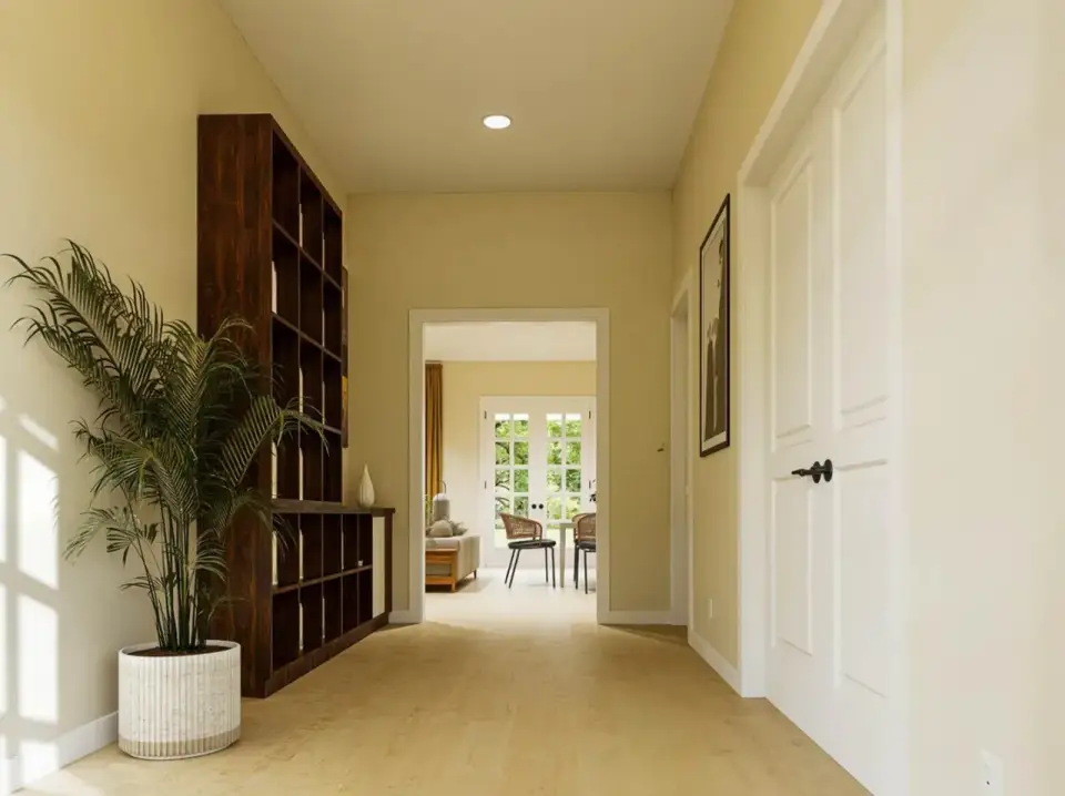 Barndominium open concept living and dining with light oak flooring
