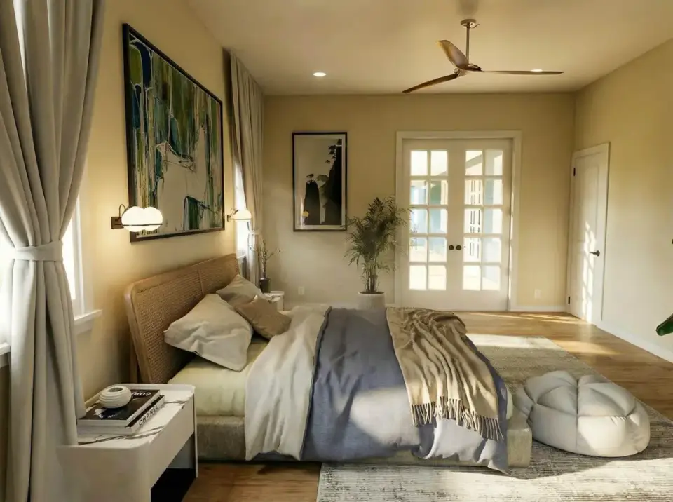 Barndominium study with built in shelving and natural light