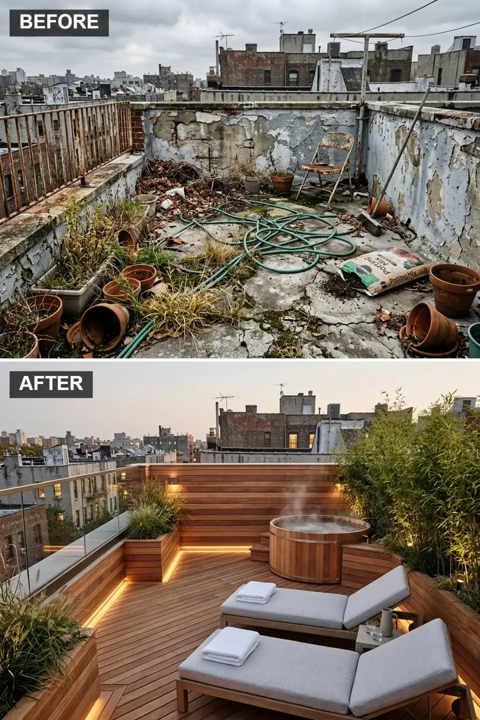 Charleston rooftop spa escape with cedar hot tub, ipe decking and glass railing