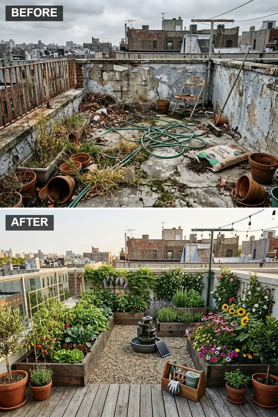 Rooftop urban farm with raised cedar beds vegetables herbs gravel path Charleston