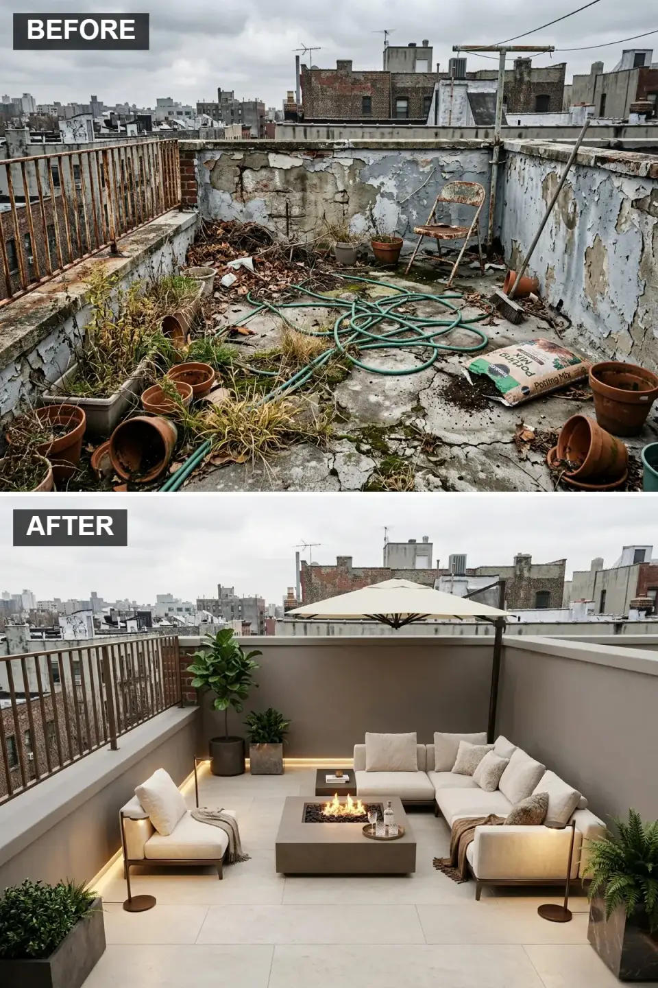 Elegant rooftop fireside lounge with cream sectional concrete fire table cantilever umbrella Charleston