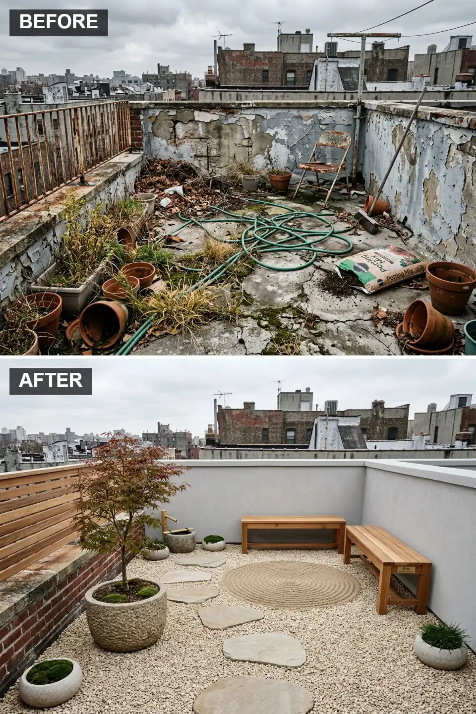 Rooftop Zen garden with raked sand bamboo fountain Japanese maple stepping stones Charleston
