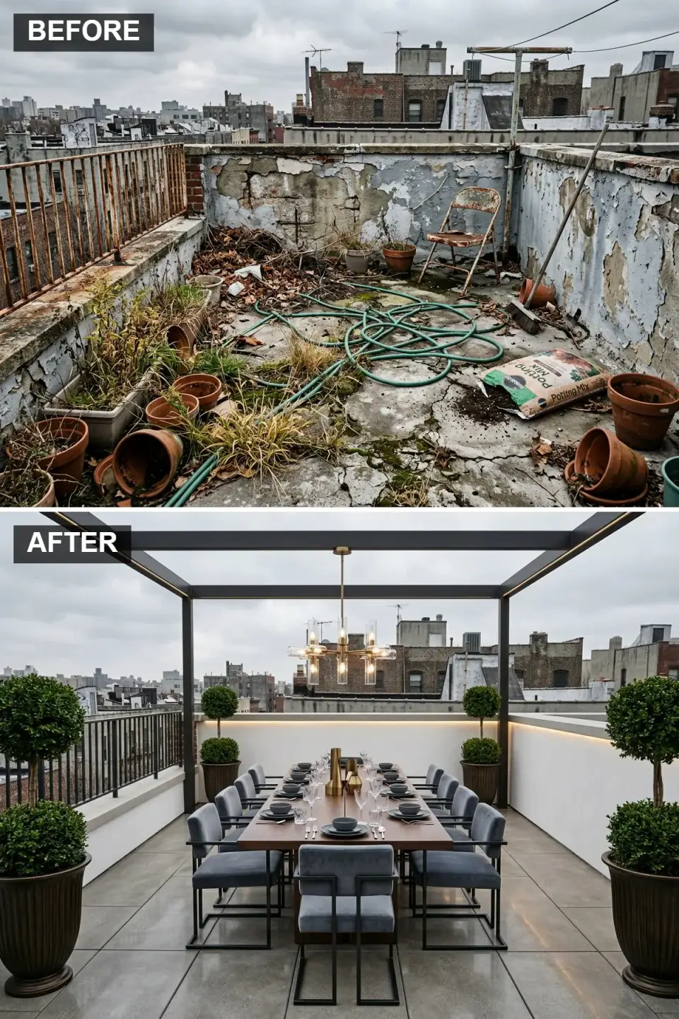 Grand formal rooftop dining with black pergola chandelier velvet chairs walnut table Charleston