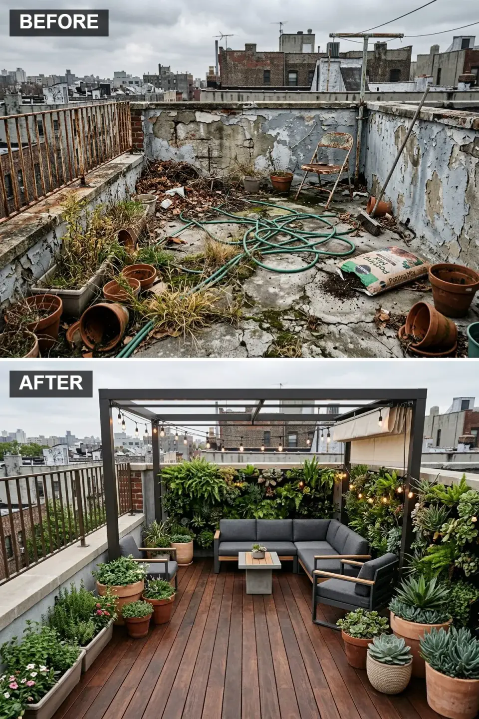Rooftop living room with matte black pergola, living wall and sectional sofa Charleston