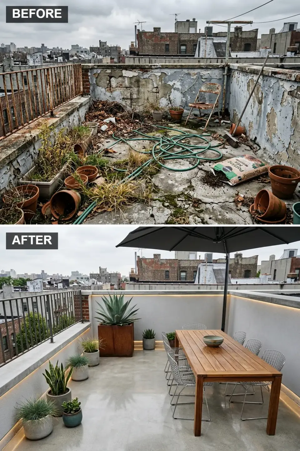 Polished concrete rooftop dining with teak table and cantilever umbrella Charleston