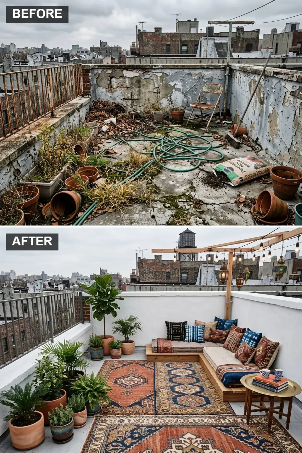 Boho rooftop lounge with pallet sectional Moroccan lanterns and layered rugs Charleston