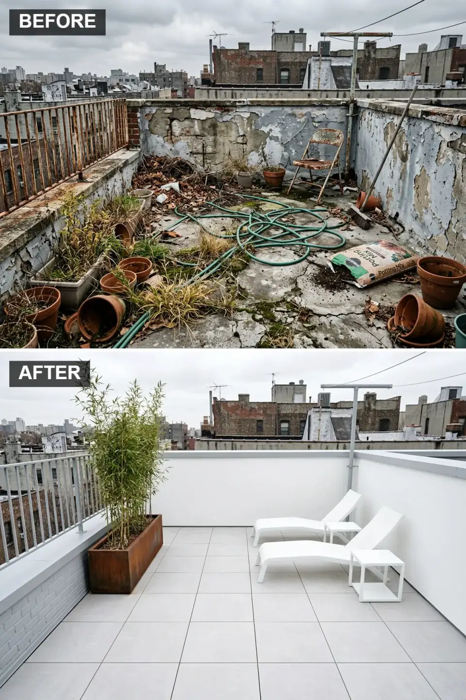 Minimalist white rooftop sun deck with sculptural lounge chairs and bamboo planter Charleston