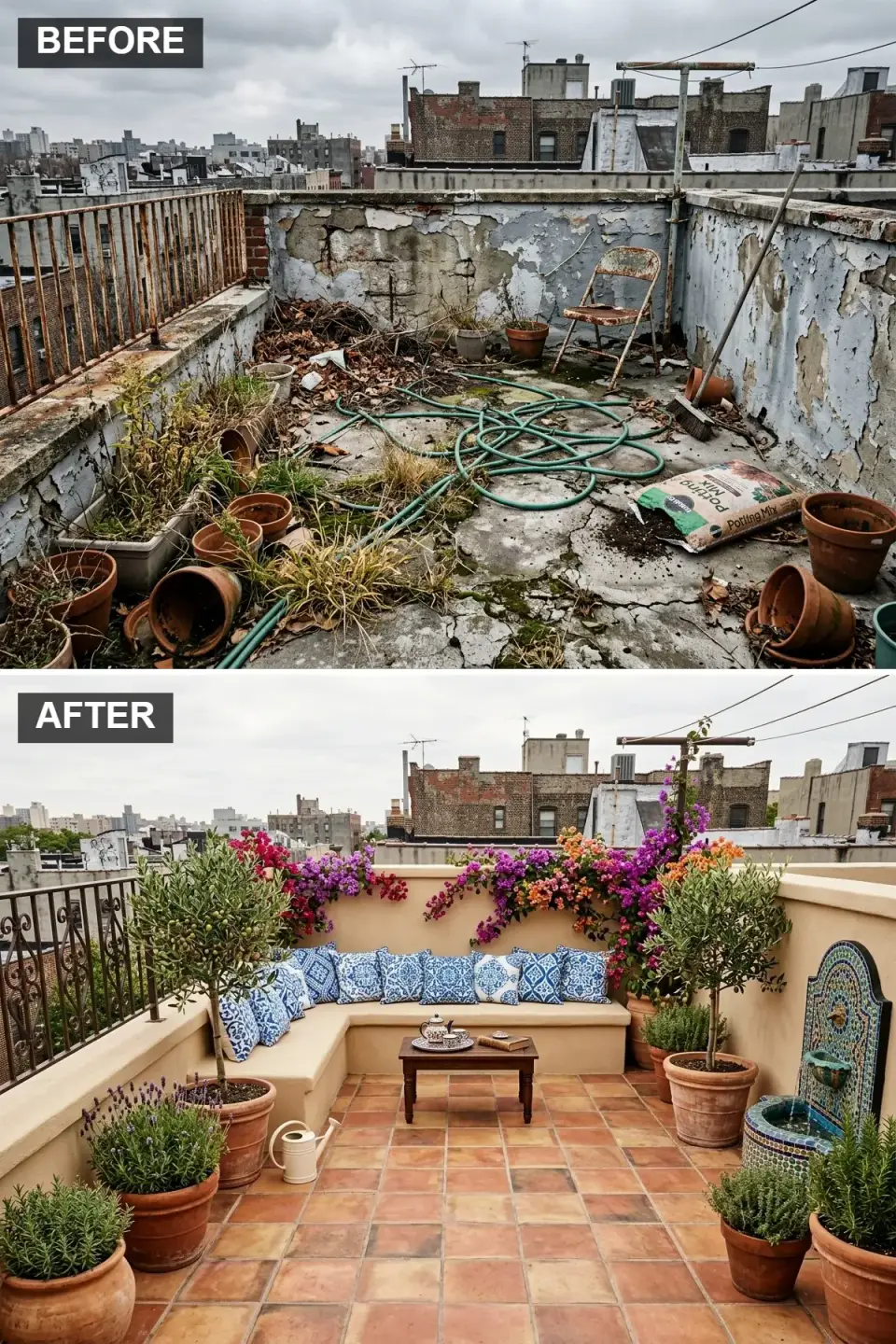 Mediterranean Charleston rooftop with terracotta tiles stucco walls mosaic fountain bougainvillea