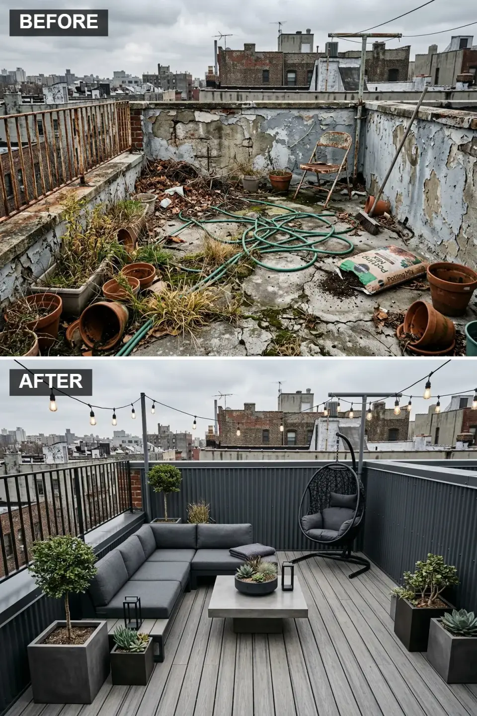 Industrial rooftop lounge with corrugated metal siding concrete fire table hanging egg chair