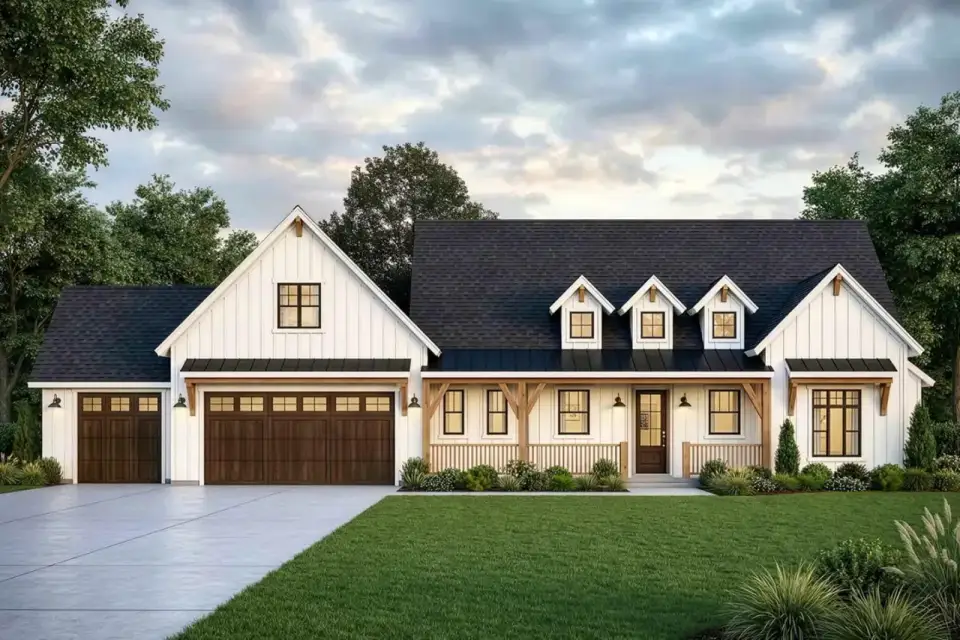 Modern farmhouse front elevation with white board-and-batten, standing-seam metal porch roof, and three shed dormers