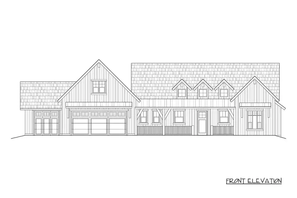 Front three-quarter view showing timber porch posts and three-car garage