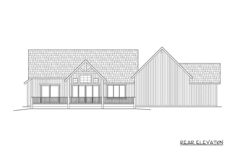 Front elevation detail of board-and-batten siding and gabled rooflines